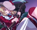  1girl blonde_hair bow curly_hair dress elly_(touhou) hat holding holding_scythe jitome long_sleeves lotus_land_story medium_hair meme mugenkan nukekip open_mouth pixel_art puffy_long_sleeves puffy_sleeves red_dress ribbon scythe touhou touhou_(pc-98) 