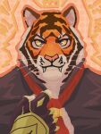  1boy adjusting_clothes adjusting_necktie animal_ears bara fangs fortnite furry furry_male highres light_smile looking_at_viewer male_focus mature_male mawl_(mawlussy) necktie orange_fur oscar_(fortnite) portrait short_hair solo straight-on tiger_boy tiger_ears vest white_fur 