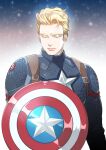  1boy animification blonde_hair blue_bodysuit bodysuit captain_america captain_america_(series) closed_eyes closed_mouth commentary_request gradient_background highres holding holding_shield male_focus marvel marvel_cinematic_universe shield short_hair silversnow solo standing star_(symbol) steve_rogers striped superhero white_background 
