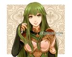  1girl armor artist_name breastplate commission dress fire_emblem fire_emblem_echoes:_shadows_of_valentia green_dress green_eyes green_hair hand_in_own_hair long_hair looking_at_viewer palla_(fire_emblem) parted_lips schereas smile solo upper_body 