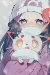  1girl beanie black_hair blue_eyes blush close-up coat dawn_(pokemon) grey_background hat hisuian_zorua holding hottomiruku long_sleeves looking_at_viewer official_alternate_costume pokemon pokemon_(creature) pokemon_dppt white_fur winter_clothes winter_coat yellow_eyes 