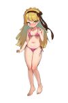  1girl absurdres bare_arms bare_legs bikini blonde_hair blush body_writing bow braid breasts breasts_apart brown_bow crown_braid full_body hair_bow highres lobotomy_corporation long_hair looking_to_the_side navel parted_lips petite pink_bikini project_moon small_breasts solo swimsuit tally tiphereth_a_(project_moon) warabi_(rhtkfl03) 