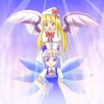  :d angel_wings blonde_hair blue_dress blue_eyes blue_hair capelet cirno collared_shirt des dress eyebrows_visible_through_hair floating frilled_sleeves frills hand_on_another's_head hand_on_hip hat light_rays lily_white long_hair long_sleeves looking_at_viewer multiple_girls neck_ribbon open_mouth puffy_short_sleeves puffy_sleeves red_eyes red_ribbon ribbon shirt short_hair short_sleeves smile sunbeam sunlight touhou white_capelet white_dress white_hat white_shirt wings 
