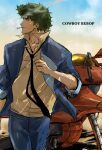  1boy absurdres cigarette cowboy_bebop green_hair highres light light_smile messy_hair necktie shadow shirt smoke smoking solo spacecraft spike_spiegel spiked_hair swordfish_ii tobalin yellow_shirt 