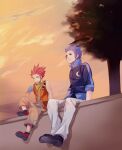  2boys aged_down bandana bandana_around_neck black_footwear blue_hair blue_jacket brown_pants child cloud cloudy_sky commentary_request crescent food green_eyes grin hands_on_ground high_collar holding holding_food holding_popsicle isa_(kingdom_hearts) jacket kingdom_hearts kingdom_hearts_birth_by_sleep knee_up lea_(kingdom_hearts) looking_at_another looking_up male_focus minatoya_mozuku multiple_boys open_clothes open_vest orange_sky orange_vest outdoors pants popsicle red_footwear red_hair shirt shoes short_hair sitting sky smile tree twilight vest white_pants white_shirt yellow_bandana 