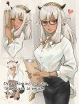  alternate_costume animal_ears ash_(fire_emblem) blush cow_ears fire_emblem fire_emblem_heroes glasses heart highres horns office_lady snow20200 tail twitter_username white_hair 