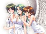  bare_shoulders blue_eyes blush breasts cleavage dress gason_miho green_hair happy hug hug_from_behind jealous large_breasts long_hair multiple_girls original short_hair sleeveless surprised white_dress wings yellow_eyes 