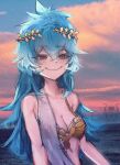  1girl absurdres ancient_greek_clothes blue_eyes blue_hair blush breasts chiton cleavage cloud dress gold_bra greco-roman_clothes highres laurel_crown long_hair looking_at_viewer medium_breasts mythos_(vtuber) sash smile solo taku_artworks virtual_youtuber water white_dress zeus_(vtuber) 