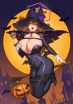  9eep absurdres bat_(animal) bat_wings belt black_dress blush breasts broom broom_riding brown_hair cape cleavage collar cross dress flower full_body full_moon green_eyes halloween halloween_costume halo hat highres jack-o&#039;-lantern karuizawa_mayumi large_breasts leather_strap looking_at_viewer moon navel night night_sky open_mouth original parody purple_flower skull sky star_(sky) starry_sky tight_clothes tight_dress tongue tongue_out wings witch_hat yellow_moon 
