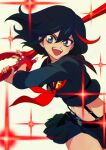  1girl :d akiyama_enma black_hair black_shirt black_skirt blue_eyes cowboy_shot fingerless_gloves gloves hair_between_eyes holding holding_sword holding_weapon kill_la_kill looking_at_viewer matoi_ryuuko microskirt midriff multicolored_hair neckerchief open_mouth pleated_skirt red_gloves red_hair red_neckerchief school_uniform scissor_blade_(kill_la_kill) senketsu serafuku shirt short_hair skirt smile solo sparkle streaked_hair suspenders sword weapon 