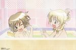  ;d bathing bathroom bathtub blonde_hair breasts brown_eyes brown_hair censored cleavage collarbone hidamari_sketch indoors medium_breasts miyako mosaic_censoring multiple_girls non-web_source nude one_eye_closed open_mouth partially_submerged sexually_suggestive small_breasts smile splashing tile_wall tiles water wince yuno 