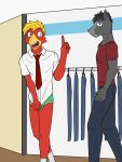 anthro avian bird bottomwear briefs bulge clothed clothing covering covering_crotch denim denim_bottomwear denim_clothing duo embarrassed equid equine footwear fully_clothed fuze hi_res horse jeans male mammal necktie pants pantsless shirt socks topwear tyler_(fuze) underwear