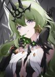  1girl absurdres black_gloves breasts claw_ring closed_mouth crown dress earrings elbow_gloves gloves green_hair highres honkai_(series) honkai_impact_3rd jewelry long_hair looking_at_viewer mobius_(honkai_impact) purple_eyes single_earring slit_pupils smile solo tongue tongue_out upper_body very_long_hair wavy_hair white_dress ya_ya_zhi_luo 