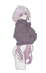  1girl ahoge blush bottomless cropped_legs expressionless from_side grey_eyes highres long_hair looking_at_viewer nanoka_san original pink_hair simple_background solo sweater turtleneck turtleneck_sweater very_long_hair 