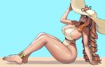  1girl anklet arm_support breasts character_request commission copyright_request covered_nipples donburi_(donburikazoku) drill_hair from_side full_body hat jewelry large_breasts long_hair looking_at_viewer orange_hair sitting solo sun_hat swimsuit twintails 