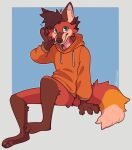 anthro bottomless canid canine clothed clothing curious dipstick_tail dozakeet fox fur hoodie hoodie_only male mammal markings oneshotfox paws red_body red_fur simple_background solo tail tail_markings topwear topwear_only