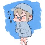  1girl baseball_cap batayu blush_stickers chibi closed_eyes coat cold ear_piercing earrings full_body grey_hair hands_in_opposite_sleeves hat idolmaster idolmaster_cinderella_girls jewelry piercing shiomi_syuko short_hair sketch solo trembling 