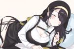  1girl black_hair blue_archive blue_necktie blush breasts cleavage cleavage_cutout closed_eyes closed_mouth clothing_cutout garter_belt habit hair_over_one_eye hinata_(blue_archive) large_breasts long_hair lying necktie no_halo nun on_side sa_(nax49) sleeping solo thighhighs wavy_hair 