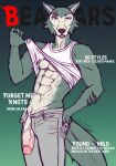 abs animal_humanoid anthro beastars big_penis canid canid_humanoid canine canine_humanoid canis clothing cover english_text genitals hi_res humanoid jeans_down legoshi_(beastars) magazine_cover male mammal mammal_humanoid muscular muscular_male penis presenting shirt solo subtitled t-shirt text thefloofdragon topwear vein veiny_penis wolf