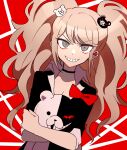  1girl bear_hair_ornament black_choker black_shirt blonde_hair bow breasts brown_eyes choker cleavage danganronpa:_trigger_happy_havoc danganronpa_(series) enoshima_junko grin hair_ornament highres hugging_doll hugging_object long_hair looking_at_viewer monokuma red_background red_bow shirt smile teeth todoroki_gk2 twintails white_background 