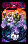  alternate_color black_border blank_eyes border chandelure commentary_request fire free_butterfree full_body highres no_humans partial_commentary pink_eyes pokemon pokemon_(creature) purple_fire shiny_and_normal shiny_pokemon stained_glass yellow_eyes 