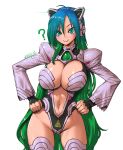  1girl ? amania_orz aqua_eyes aqua_hair blue_hair breasts closed_mouth copyright_request cowboy_shot dated gradient_hair green_hair hair_between_eyes hands_on_own_hips large_breasts long_hair long_sleeves looking_at_viewer multicolored_hair navel shadow smile solo twitter_username very_long_hair 