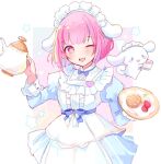  1girl ;d animal_ears apron asagimu_(tsuktsuk) blue_bow blue_bowtie blue_dress blue_sash blush border bow bowtie center_frills cinnamon_roll cinnamoroll commentary_request dog_ears dress eyelashes food frills fruit gradient_background hands_up holding holding_plate holding_teapot juliet_sleeves long_sleeves looking_at_viewer maid maid_headdress one_eye_closed ootori_emu open_mouth outside_border pink_eyes pink_hair plate project_sekai puffy_sleeves sanrio sash short_hair sidelocks simple_background sleeve_cuffs smile star-shaped_pupils star_(symbol) strawberry symbol-shaped_pupils teapot white_apron white_border 