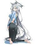  1girl alternate_costume animal_ear_fluff animal_ears barefoot black_pants blue_archive blue_eyes blue_shirt breasts closed_mouth cross_hair_ornament dark_halo extra_ears feet full_body grey_hair hair_between_eyes hair_ornament halo knees_together_feet_apart large_breasts legs long_hair long_sleeves pants shiroko_(blue_archive) shiroko_terror_(blue_archive) shirt simple_background soles solo sydus toenails toes white_background wolf_ears 