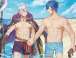  2boys abs beach blue_eyes blue_hair blue_male_swimwear brown_gloves brown_jacket cape commission fish gloves grey_hair jacket male_focus male_swimwear multiple_boys muscular muscular_male navel nipples ocean original polearm purple_cape purple_male_swimwear short_hair smile stomach tentacles topless_male weapon yaoi zhineart 