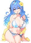  1girl bare_shoulders bikini black_choker blue_eyes blue_hair blue_nails breasts choker cleavage collarbone cu-no drill_hair flower frilled_bikini frills hair_flower hair_ornament hairband halterneck hand_up highres hisen_kaede kohitsuji_ai large_breasts long_hair looking_at_viewer nail_polish navel open_mouth original sash side-tie_bikini_bottom simple_background sitting skindentation smile solo stomach string_bikini swimsuit thighs white_background white_bikini 