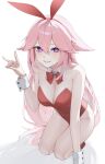  absurdly_long_hair animal_ears bow breasts cleavage clothing_cutout detached_sleeves fake_animal_ears fox_ears fox_shadow_puppet genshin_impact high_heels highres kneeling kuen_(kuennn12) leotard long_hair looking_at_viewer ohisashiburi_(style) pink_hair playboy_bunny purple_eyes rabbit_ears rabbit_tail red_leotard simple_background sitting strapless strapless_leotard tail very_long_hair white_background wrist_cuffs yae_miko 