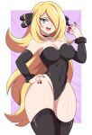  1girl :d absurdres abysswatchers black_choker black_leotard black_nails black_thighhighs blonde_hair breasts choker cynthia_(pokemon) fur_trim hair_ornament hair_over_one_eye highleg highleg_leotard highres holding holding_poke_ball large_breasts leotard long_hair looking_at_viewer nail_polish open_mouth poke_ball poke_ball_(basic) pokemon pokemon_dppt smile solo standing thighhighs very_long_hair 