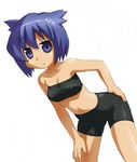  armpits bare_arms bare_shoulders bent_over bike_shorts black_bra black_shorts blue_eyes blue_hair bra breasts cleavage closed_mouth cowboy_shot expressionless eyebrows_visible_through_hair hand_on_hip looking_at_viewer medium_breasts pani_poni_dash! serizawa_akane short_hair short_shorts shorts simple_background solo spread_legs standing strapless tubetop umekichi underwear white_background 