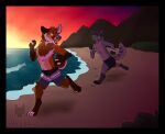 2020 akamai_(maligaytor) anthro beach black_border black_claws black_nose black_pawpads border brown_body brown_fur canid canine canis cel_shading chasing claws clothed clothing detailed_background digital_drawing_(artwork) digital_media_(artwork) digitigrade domestic_dog ears_back eze_(ezekeil42) finger_claws fist fluffy_chest footprints fur gradient_eyes green_eyes grey_body grey_claws grey_fur grey_hair hair hi_res hindpaw husky jackal looking_at_another looking_back looking_back_at_another male maligaytor mammal maned_wolf markings mountain nordic_sled_dog one_eye_closed open_mouth open_smile outside pawpads paws pink_eyes pink_tongue pivoted_ears plant running sand sea seaside shaded shrub smile solo spitz striped_markings striped_tail stripes sunset swimming_trunks swimwear tail tail_markings tan_body tan_fur teeth toe_claws tongue tongue_out topless water watermark wink winking_at_another yellow_eyes