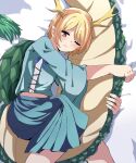  1girl absurdres amakaze16 antlers blonde_hair blue_shirt dragon_girl dragon_horns dragon_tail highres horns kicchou_yachie one_eye_closed shirt short_hair tail touhou turtle_shell yellow_horns 