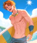  1boy abs armpit_hair blue_eyes blue_sky chalseu earrings eyewear_around_neck genshin_impact hair_between_eyes highres holding holding_surfboard jewelry male_focus male_swimwear muscular muscular_male navel nipples orange_hair short_hair single_earring sky solo stomach sun surfboard tartaglia_(genshin_impact) teeth tongue topless_male 