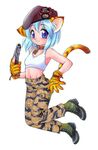  :3 animal_ears beret blue_eyes blue_hair boots camouflage cat_ears cat_tail collar copyright_request dog_tags ebifly gloves gun handgun hat pistol solo tail trigger_discipline weapon 