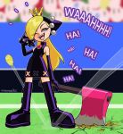  1girl ;d absurdres aqua_eyes axe ball black_dress black_gloves boots crowd dress elbow_gloves fangs full_body gloves highres holding holding_axe laughing mario_(series) mario_power_tennis mario_tennis mmmalice one_eye_closed ricocheting sleeveless sleeveless_dress smile standing tennis_ball thigh_boots warupeach 