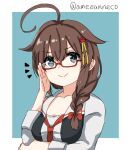  1girl ^^^ ahoge ame-rain bespectacled blue_background blue_eyes border braid breasts brown_hair glasses hair_flaps hair_over_shoulder highres kantai_collection long_hair medium_breasts necktie official_alternate_costume one-hour_drawing_challenge red_necktie shigure_(kancolle) shigure_kai_ni_(kancolle) shirt single_braid smile solo twitter_username two-tone_background upper_body white_border white_shirt 