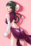  :d arched_back artist_request back backless_outfit bare_legs blush breasts brown_eyes bun_cover dress elbow_gloves gloves gundam gundam_00 hair_bun large_breasts looking_at_viewer open_mouth pink_background red_dress side_slit simple_background smile solo standing thighs wang_liu_mei white_gloves 