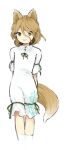  1girl animal_ears bow brown_eyes brown_hair closed_mouth fox_ears fox_girl fox_tail green_bow hair_between_eyes jumpsuit kaigen_1025 kudamaki_tsukasa light_brown_hair looking_to_the_side short_hair short_sleeves simple_background smile socks solo standing tail touhou wavy_hair white_background white_jumpsuit white_sleeves white_socks 