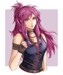  1girl arm_strap bare_shoulders brown_gloves clenched_hand collarbone dress english_commentary fingerless_gloves fire_emblem fire_emblem:_the_sacred_stones gloves highres long_hair looking_at_viewer marisa_(fire_emblem) pink_eyes pink_hair ponytail schereas sidelocks sleeveless sleeveless_dress solo upper_body 