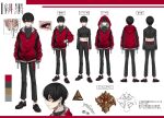  1boy artist_request badge black_footwear black_hair button_badge ear_piercing highres hisumi_(vtuber) hood hoodie multiple_views piercing red_eyes red_hoodie reference_sheet vee_(vtuber) virtual_youtuber 