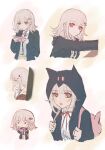  1girl :o animal_bag animal_ears backpack bag black_jacket black_shirt brown_eyes cat_bag danganronpa_(series) danganronpa_2:_goodbye_despair danganronpa_3_(anime) dress_shirt fake_animal_ears fu_ga_(vivi912912) hair_ornament handheld_game_console highres holding holding_handheld_game_console hood hood_up hope&#039;s_peak_academy_school_uniform jacket medium_hair multiple_views nanami_chiaki neck_ribbon official_alternate_costume open_clothes open_jacket pink_bag pink_hair playing_games ribbon school_uniform shirt shirt_tucked_in smile teeth upper_teeth_only white_shirt 