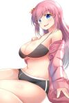  1girl aru_(arudes) bare_shoulders black_bra black_shorts blue_eyes blush bocchi_the_rock! bra breasts cleavage commentary from_side gotoh_hitori highres huge_breasts jacket long_hair long_sleeves looking_at_viewer micro_shorts navel nervous_smile one_side_up open_clothes open_jacket open_mouth pink_hair pink_jacket shorts sidelocks simple_background sitting smile solo sweatdrop thighs track_jacket underwear wariza white_background 