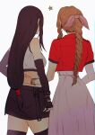  2girls aerith_gainsborough arm_around_waist black_bra black_gloves black_hair black_skirt black_thighhighs bra braid braided_ponytail breasts cowboy_shot crop_top cropped_jacket dress elbow_gloves facing_away final_fantasy final_fantasy_vii fingerless_gloves from_behind gloves hair_ribbon hair_tie highres jacket long_dress long_hair low-tied_long_hair medium_breasts midriff miniskirt multiple_girls pink_dress pink_ribbon red_jacket ribbon sera_(serappi) shirt short_sleeves sidelocks single_braid skirt sleeveless sleeveless_shirt sports_bra star_(symbol) thighhighs tifa_lockhart underwear white_background white_shirt 