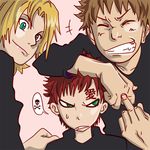  1girl 2boys annoy artist_request black_shirt blond blonde_hair brother brother_and_sister brothers brown_hair facial_mark gaara glaring green_eyes kankuro lean middle_finger multiple_boys naruto red_hair shirt siblings sister smile temari 
