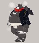 2023 anthro asian_clothing band-aid bandage bear belly big_belly black_body black_nose blush clothing devour1129 east_asian_clothing feet hi_res japanese_clothing kemono male mammal mawashi overweight overweight_male scarf simple_background solo walking