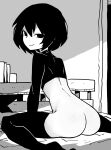  1girl akableak arm_support ass bare_back bed black_eyes black_hair black_shirt black_thighhighs bob_cut book bottomless closed_mouth commentary cropped_shirt empty_eyes feet_out_of_frame from_behind greyscale hair_between_eyes headboard highres indoors leaning_forward long_sleeves looking_at_viewer looking_back monochrome monogatari_(series) no_panties on_bed oshino_ougi pale_skin romaji_commentary shiny_skin shirt short_hair shoulder_blades sitting smile solo thighhighs turtleneck wariza 