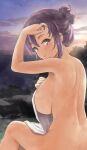  1girl adjusting_hair back blush breasts brown_eyes cloud commentary_request completely_nude hair_bun holding holding_towel jiji_(aardvark) large_breasts looking_at_viewer looking_back melonbooks naked_towel nude onsen original outdoors parted_lips purple_hair sitting sky smile solo sweat towel twilight water white_towel 